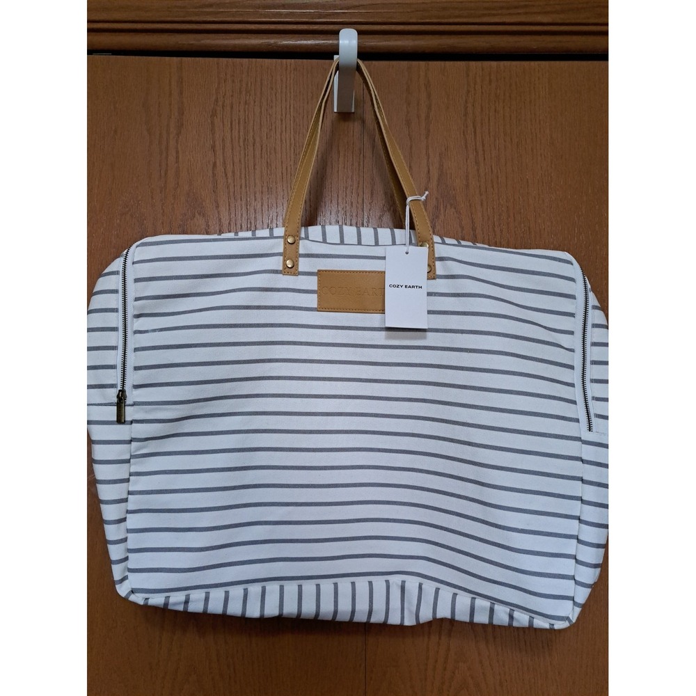 Cozy Earth Reusable Bamboo Canvas Blanket Tote Storage Bag White Gray Striped